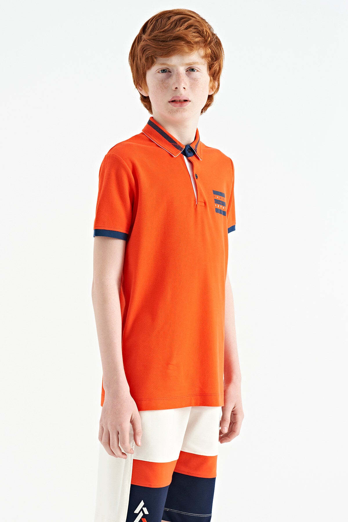 Orange Collar Color Block Print Detailed Standard Cut Boys T-Shirt - 11111