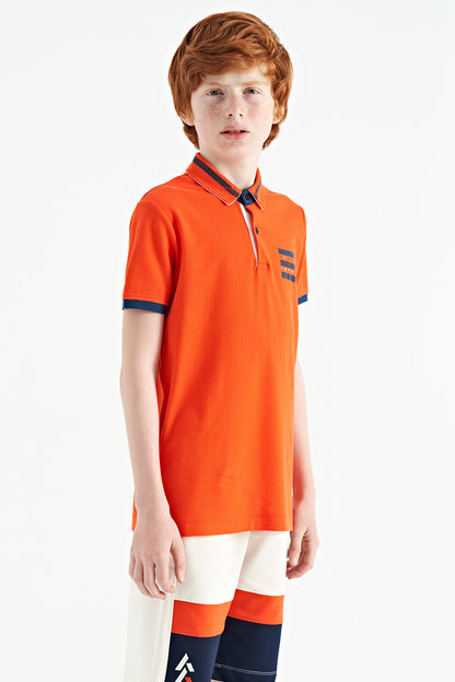 Orange Collar Color Block Print Detailed Standard Cut Boys T-Shirt - 11111