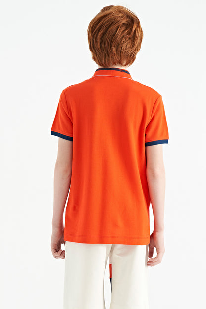 Orange Collar Color Block Print Detailed Standard Cut Boys T-Shirt - 11111