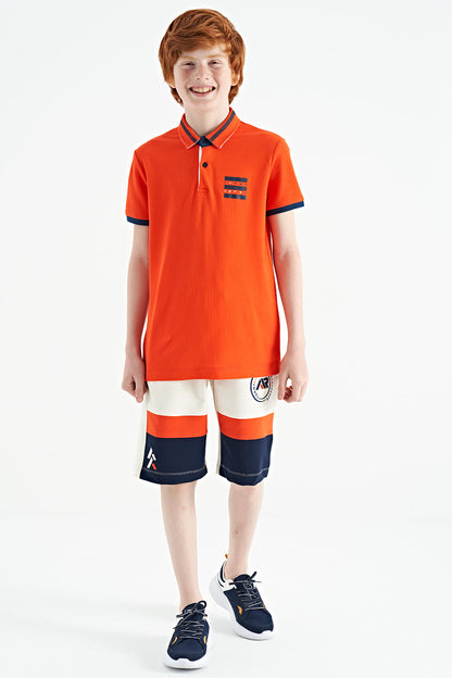 Orange Collar Color Block Print Detailed Standard Cut Boys T-Shirt - 11111