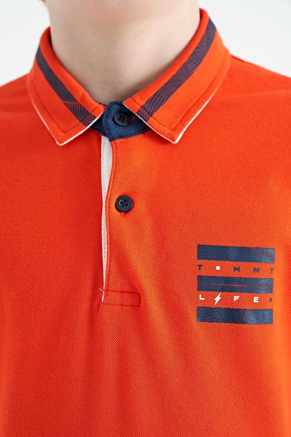 Orange Collar Color Block Print Detailed Standard Cut Boys T-Shirt - 11111