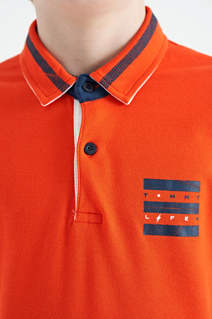 Orange Collar Color Block Print Detailed Standard Cut Boys T-Shirt - 11111