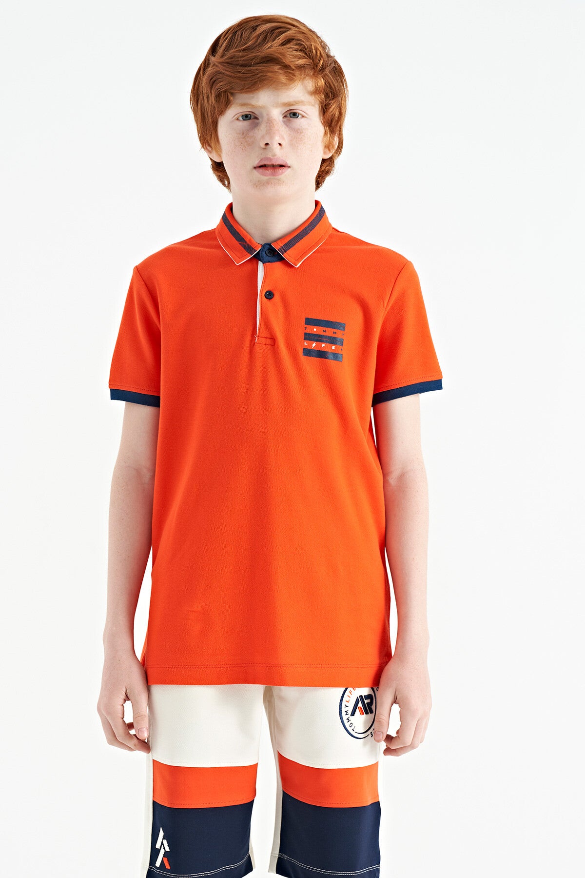 Orange Collar Color Block Print Detailed Standard Cut Boys T-Shirt - 11111