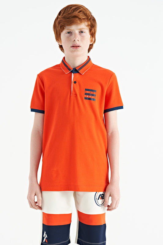 Orange Collar Color Block Print Detailed Standard Cut Boys T-Shirt - 11111