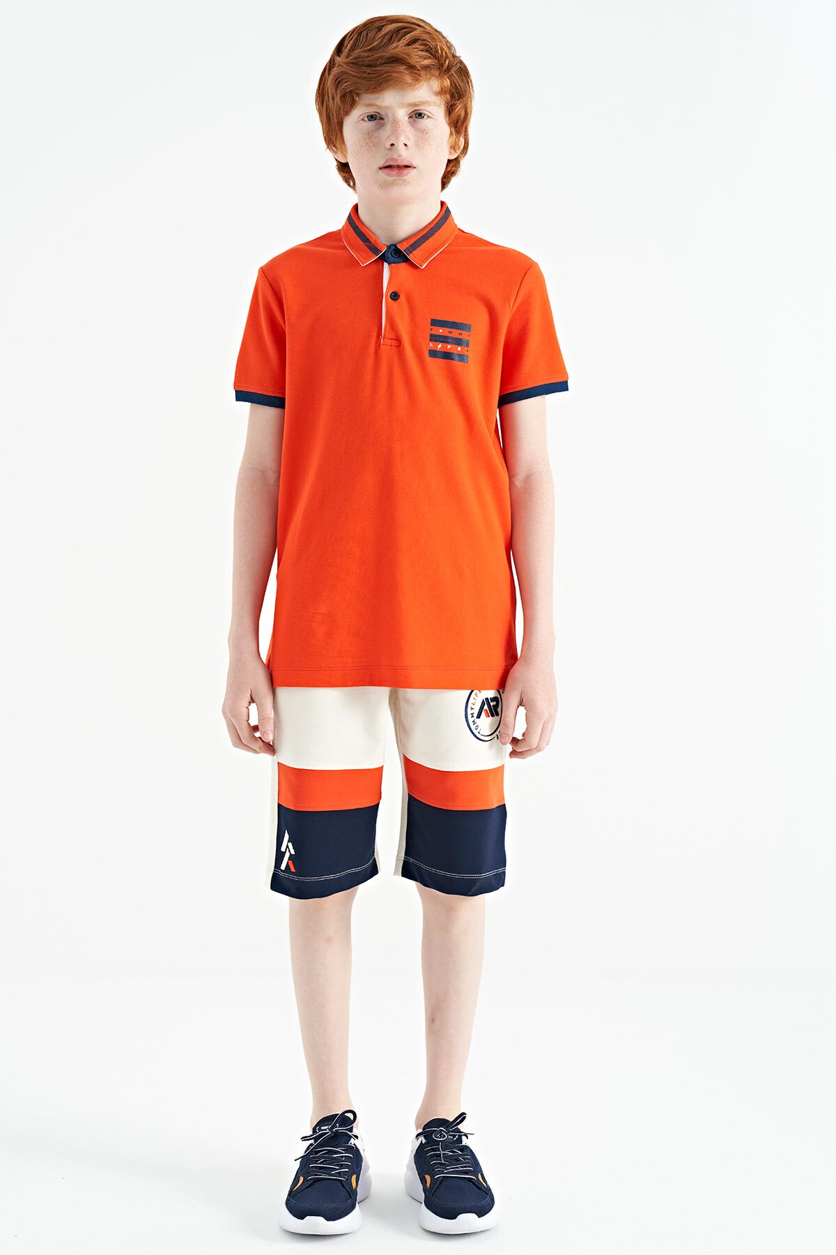 Orange Collar Color Block Print Detailed Standard Cut Boys T-Shirt - 11111
