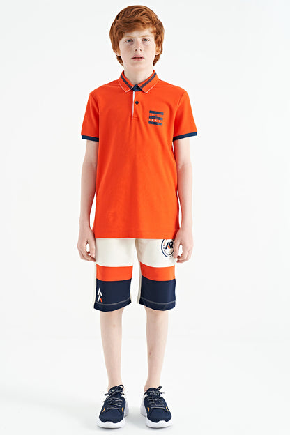Orange Collar Color Block Print Detailed Standard Cut Boys T-Shirt - 11111