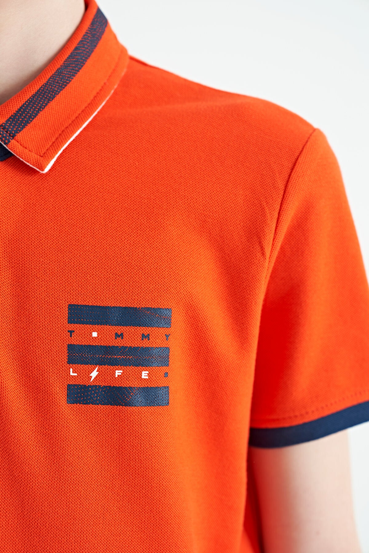 Orange Collar Color Block Print Detailed Standard Cut Boys T-Shirt - 11111