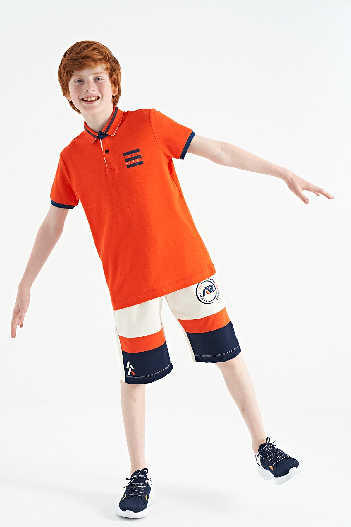 Orange Collar Color Block Print Detailed Standard Cut Boys T-Shirt - 11111