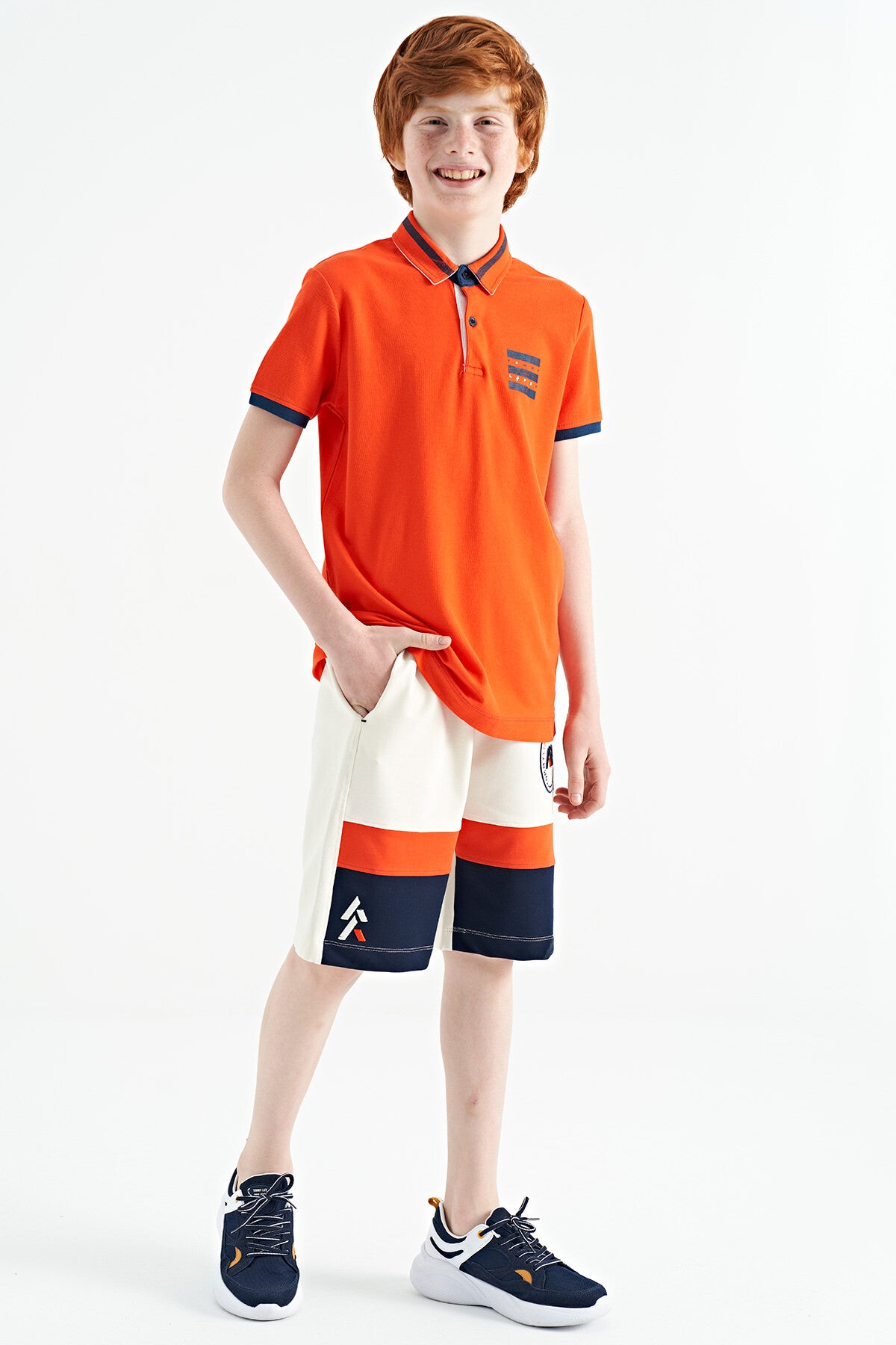 Orange Collar Color Block Print Detailed Standard Cut Boys T-Shirt - 11111