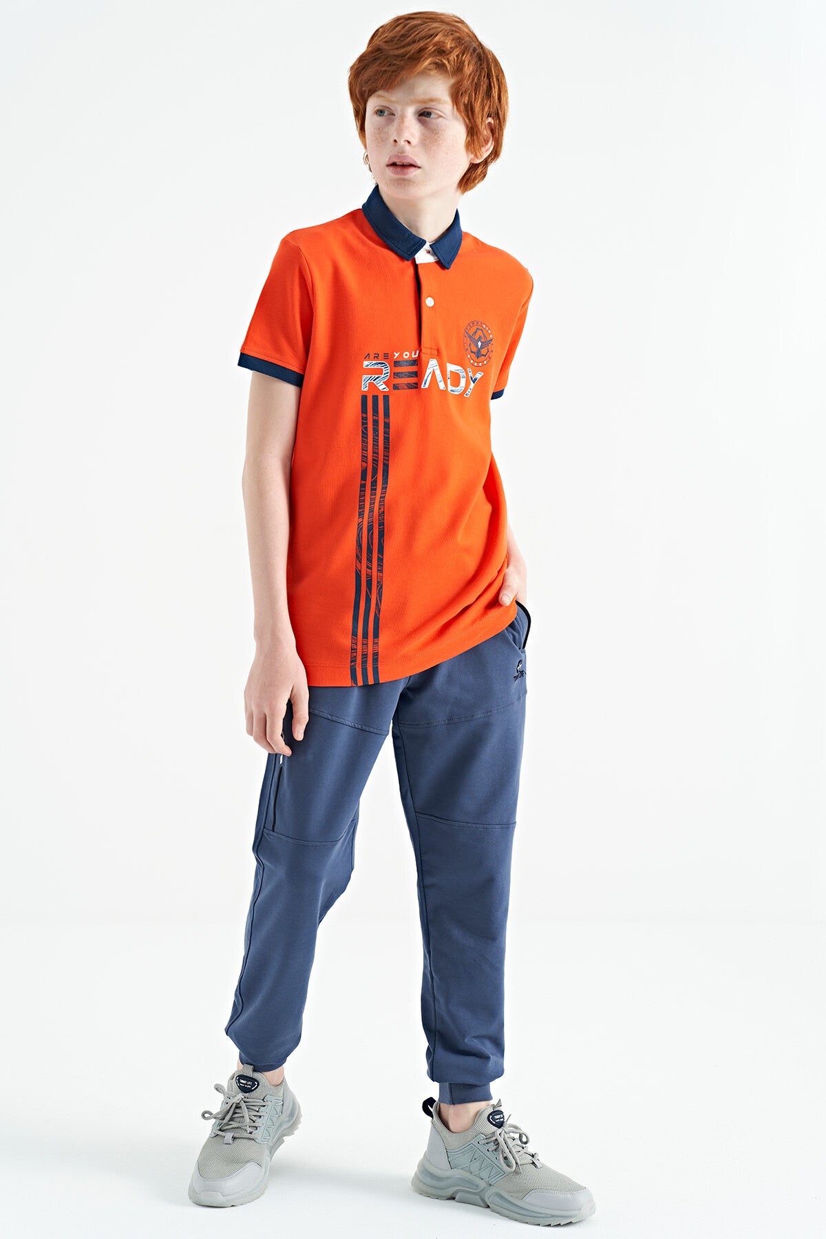 Orange Print Pattern Standard Fit Polo Collar Boys T-Shirt - 11143