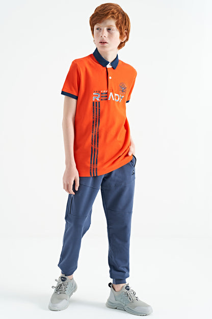 Orange Print Pattern Standard Fit Polo Collar Boys T-Shirt - 11143