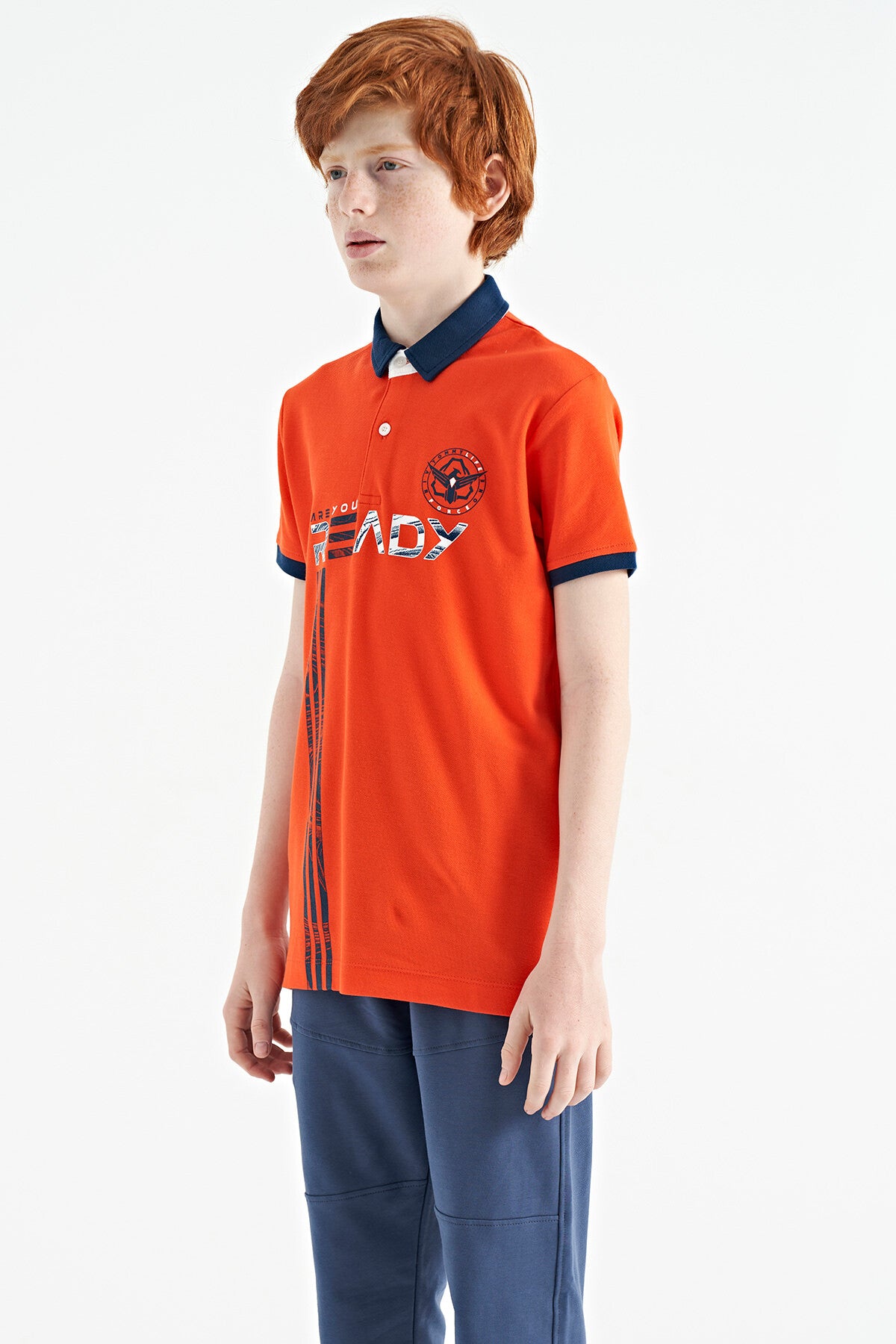 Orange Print Pattern Standard Fit Polo Collar Boys T-Shirt - 11143