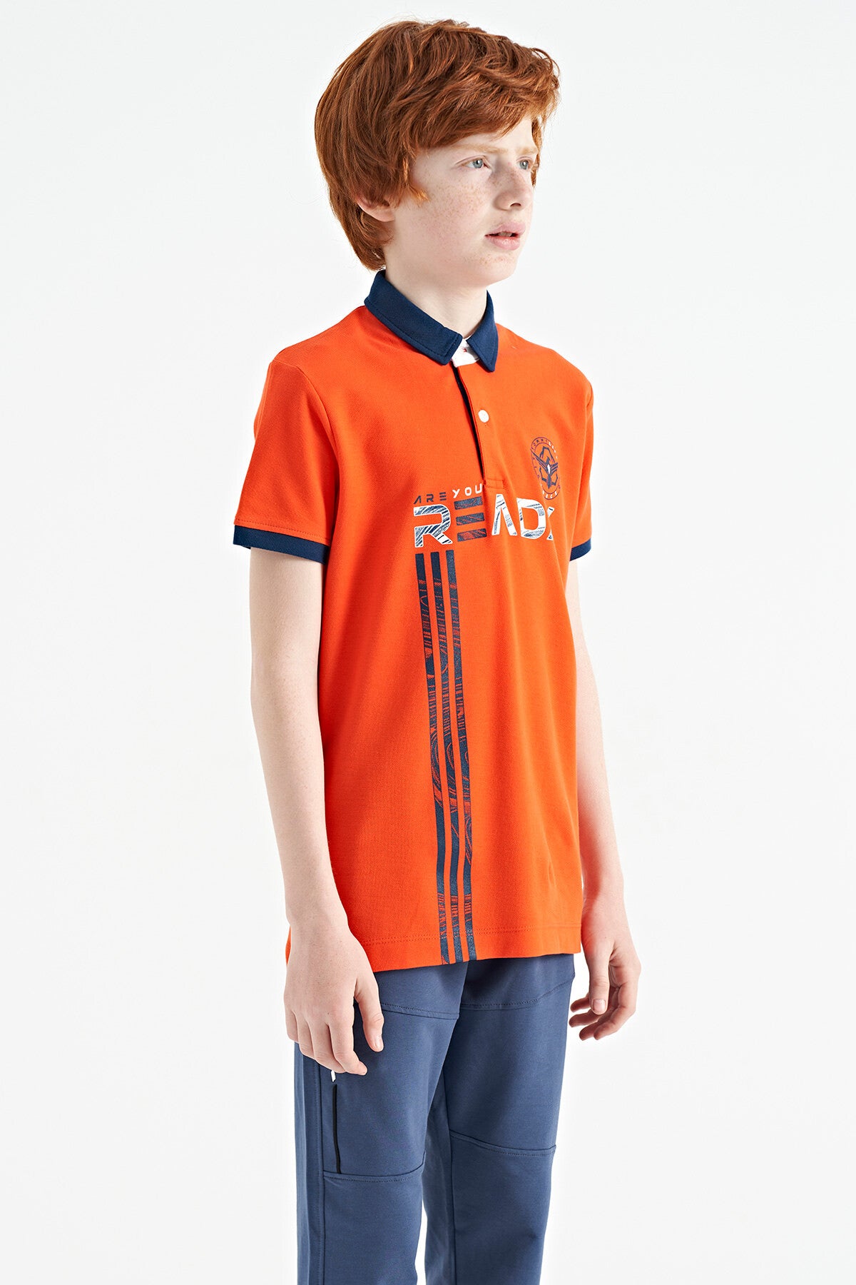 Orange Print Pattern Standard Fit Polo Collar Boys T-Shirt - 11143