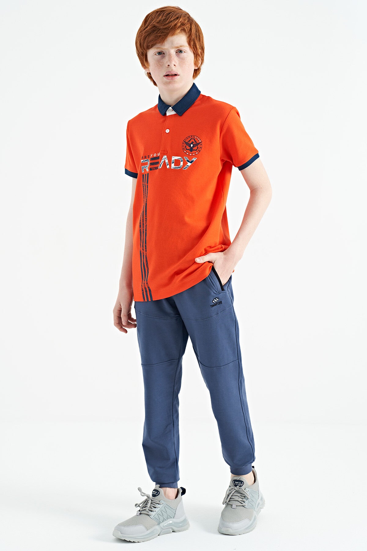Orange Print Pattern Standard Fit Polo Collar Boys T-Shirt - 11143