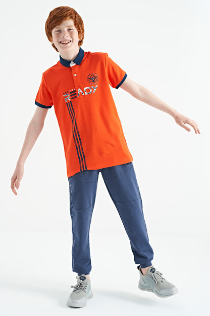 Orange Print Pattern Standard Fit Polo Collar Boys T-Shirt - 11143