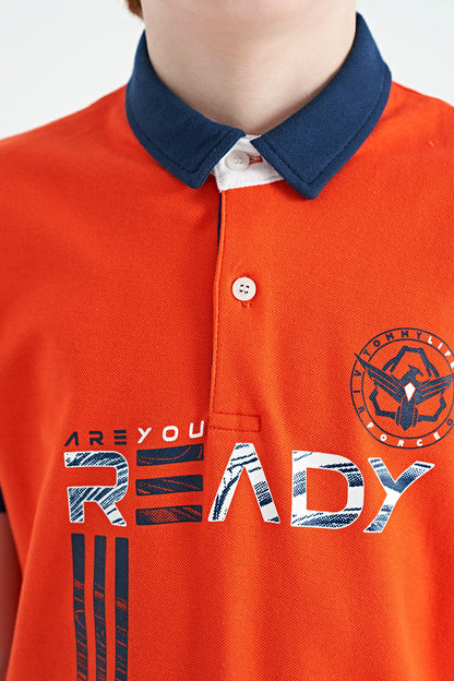 Orange Print Pattern Standard Fit Polo Collar Boys T-Shirt - 11143