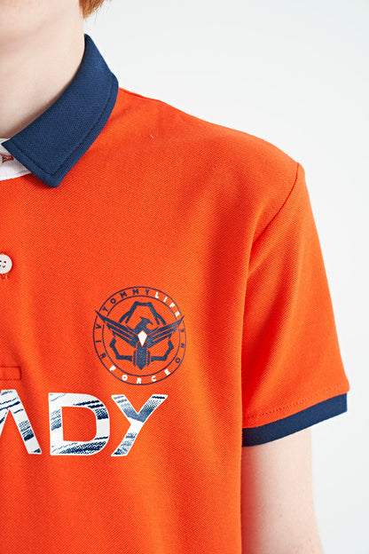 Orange Print Pattern Standard Fit Polo Collar Boys T-Shirt - 11143
