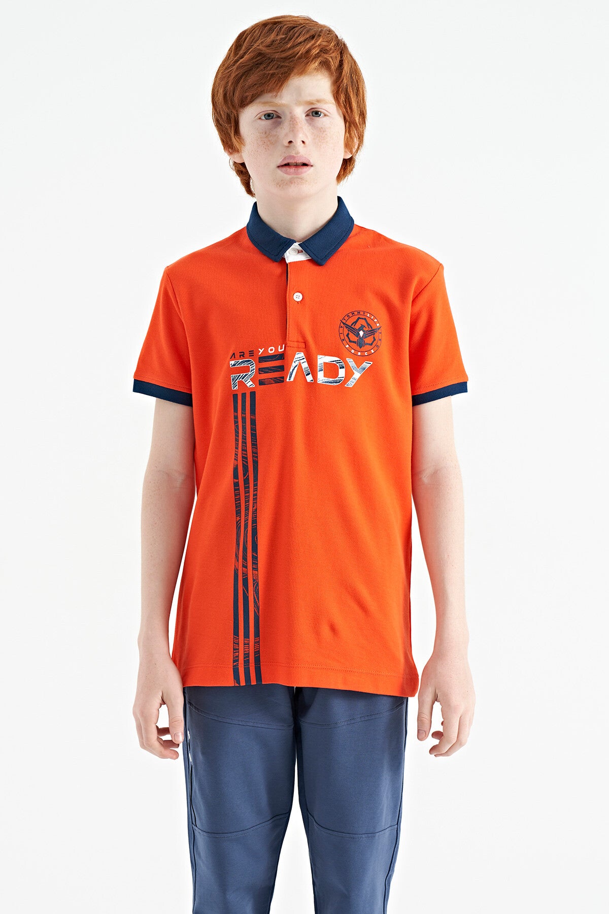 Orange Print Pattern Standard Fit Polo Collar Boys T-Shirt - 11143