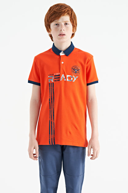 Orange Print Pattern Standard Fit Polo Collar Boys T-Shirt - 11143