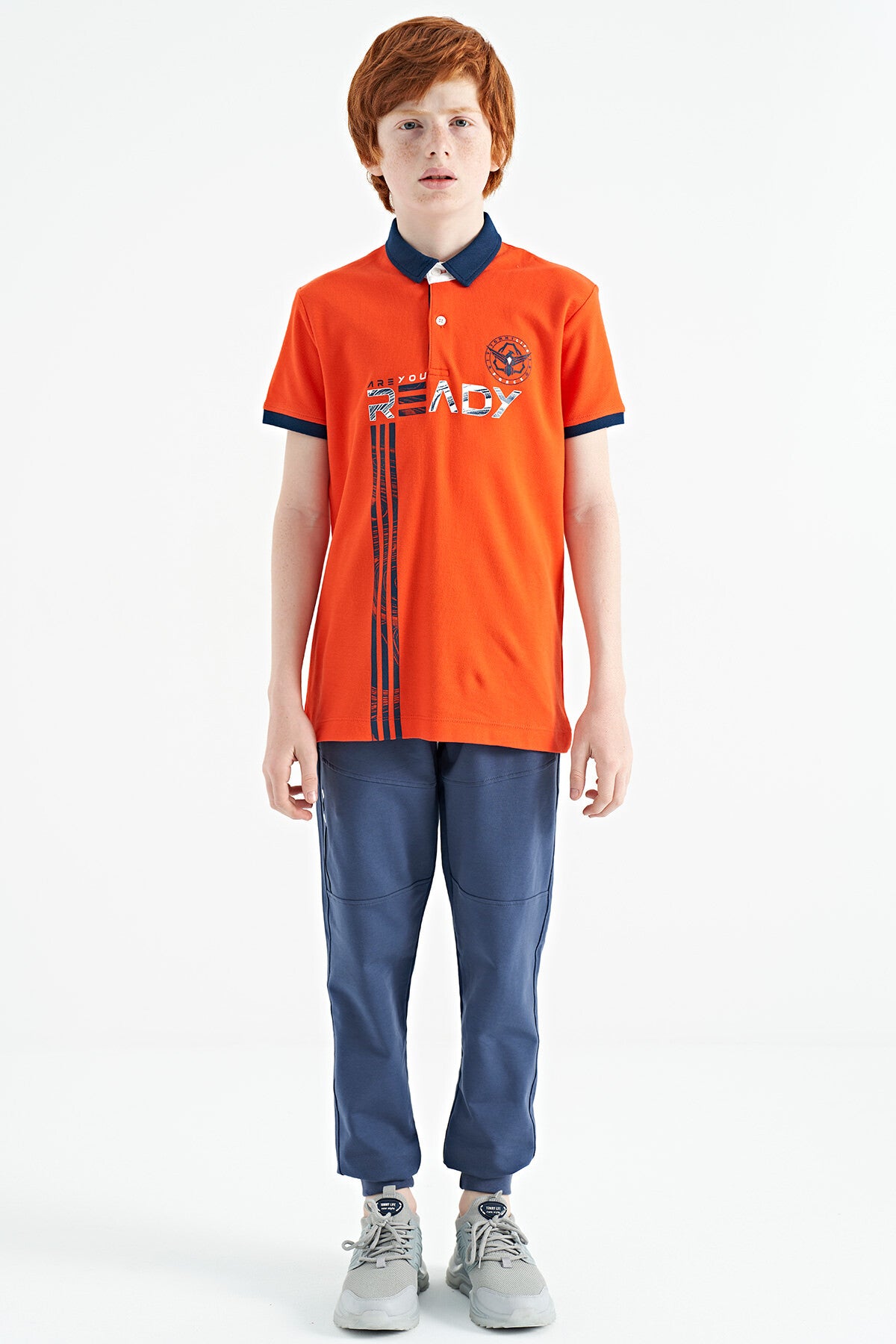 Orange Print Pattern Standard Fit Polo Collar Boys T-Shirt - 11143