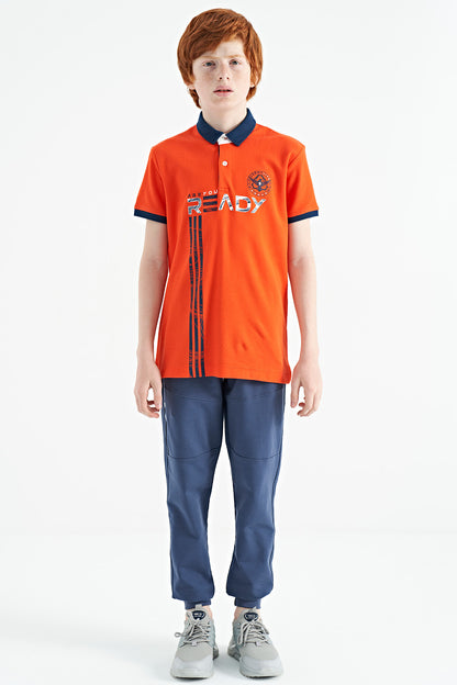 Orange Print Pattern Standard Fit Polo Collar Boys T-Shirt - 11143