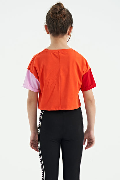 Orange Print Letter O Collar Low Shoulder Oversize Girls' T-Shirt - 75130