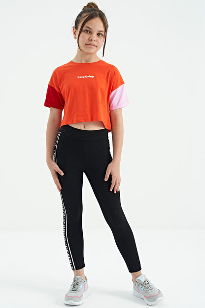 Orange Print Letter O Collar Low Shoulder Oversize Girls' T-Shirt - 75130