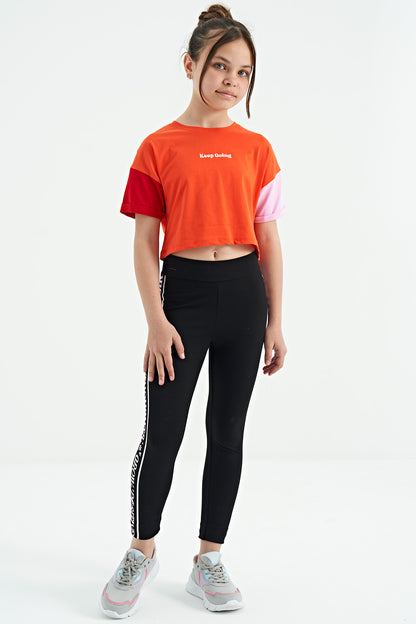 Orange Print Letter O Collar Low Shoulder Oversize Girls' T-Shirt - 75130