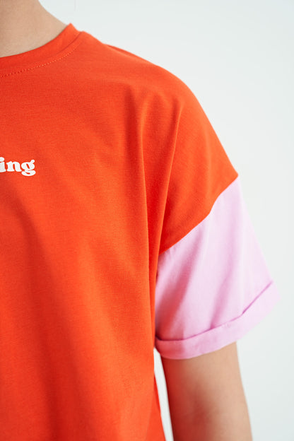 Orange Print Letter O Collar Low Shoulder Oversize Girls' T-Shirt - 75130