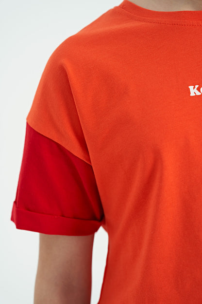 Orange Print Letter O Collar Low Shoulder Oversize Girls' T-Shirt - 75130