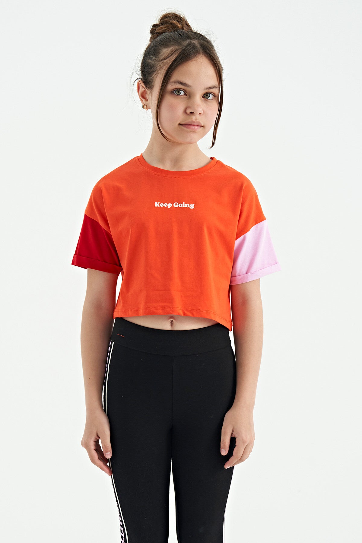 Orange Print Letter O Collar Low Shoulder Oversize Girls' T-Shirt - 75130