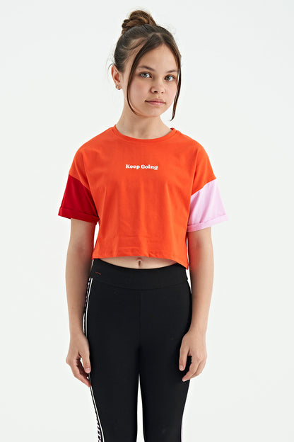 Orange Print Letter O Collar Low Shoulder Oversize Girls' T-Shirt - 75130