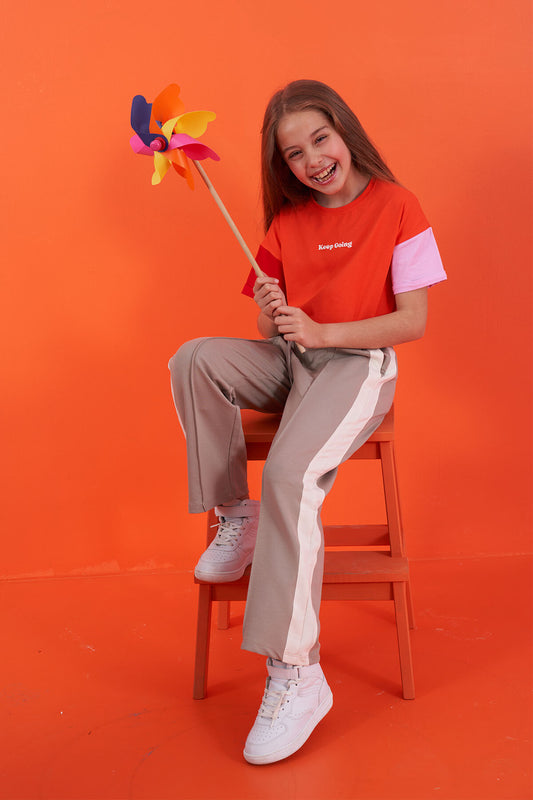 Orange Print Letter O Collar Low Shoulder Oversize Girls' T-Shirt - 75130