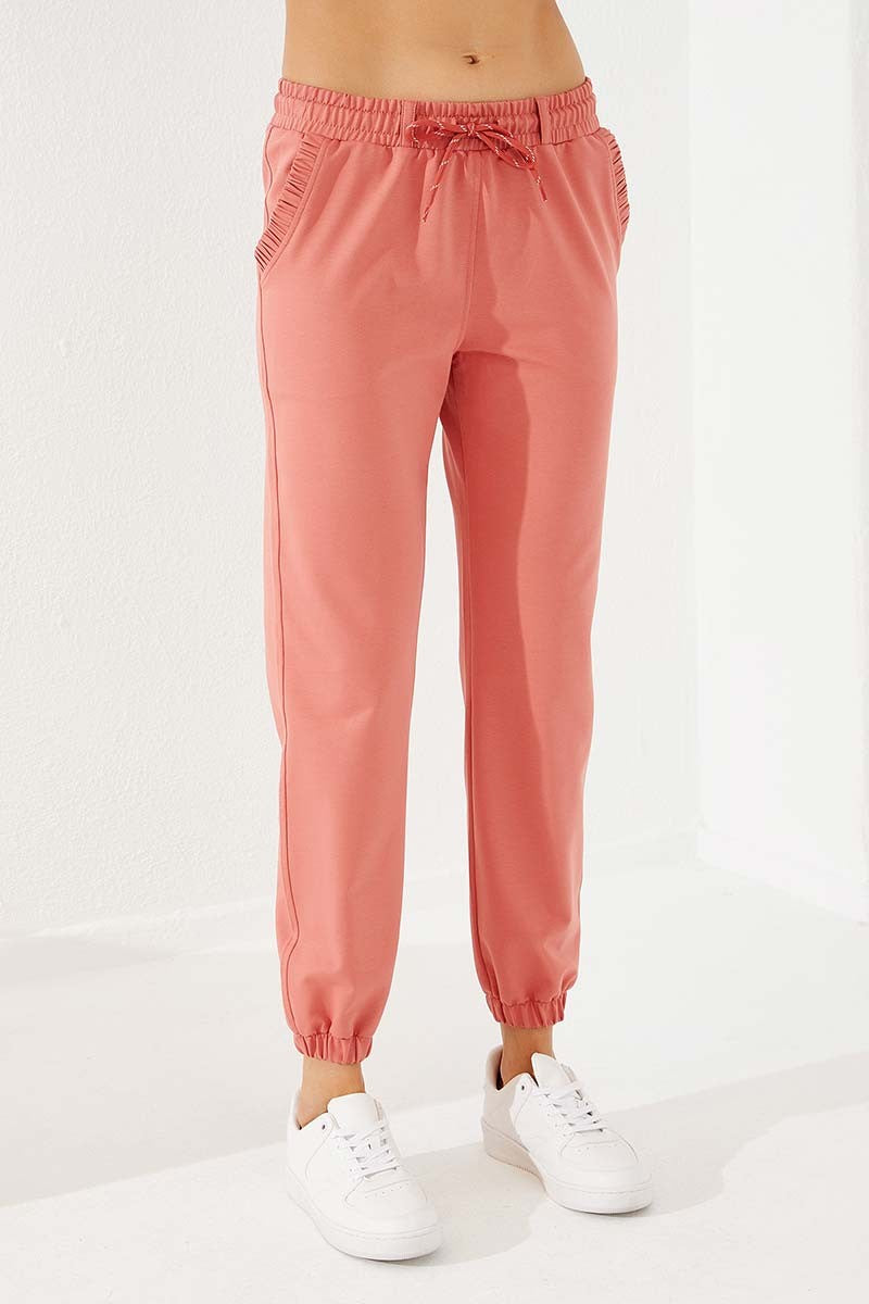 Powdered Pleated Pocket Comfort Fit Elastic Ankle Women's Tracksuit Bottom - 94580