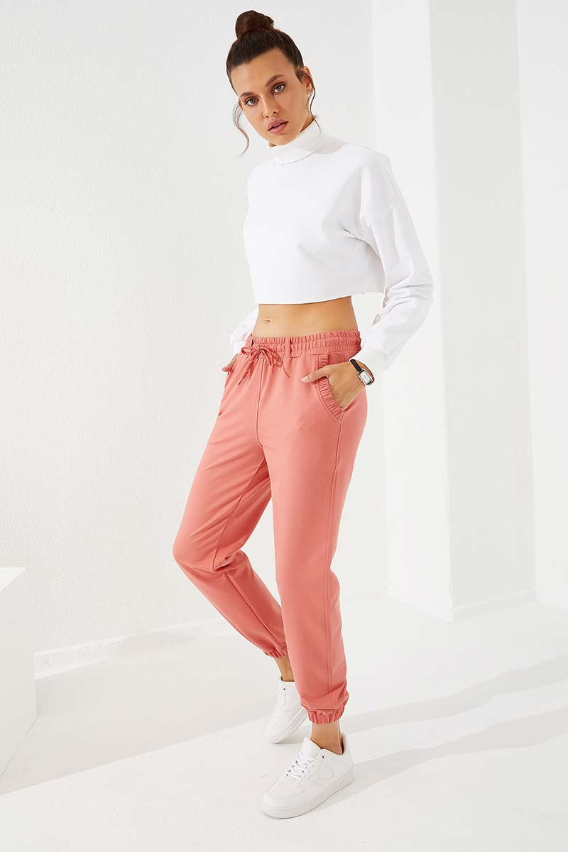 Powdered Pleated Pocket Comfort Fit Elastic Ankle Women's Tracksuit Bottom - 94580