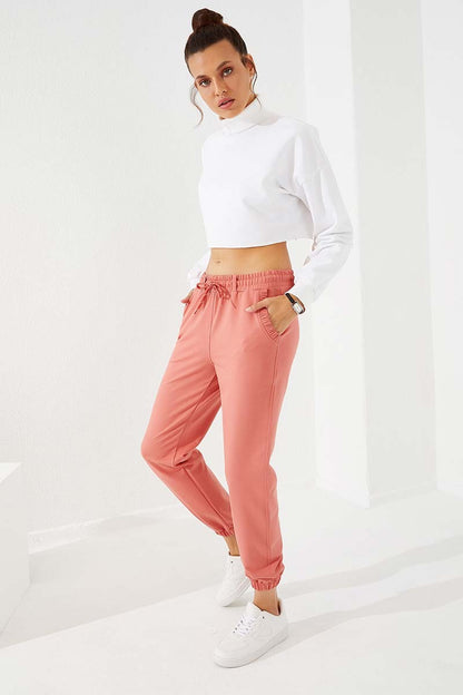 Powdered Pleated Pocket Comfort Fit Elastic Ankle Women's Tracksuit Bottom - 94580