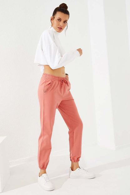 Powdered Pleated Pocket Comfort Fit Elastic Ankle Women's Tracksuit Bottom - 94580