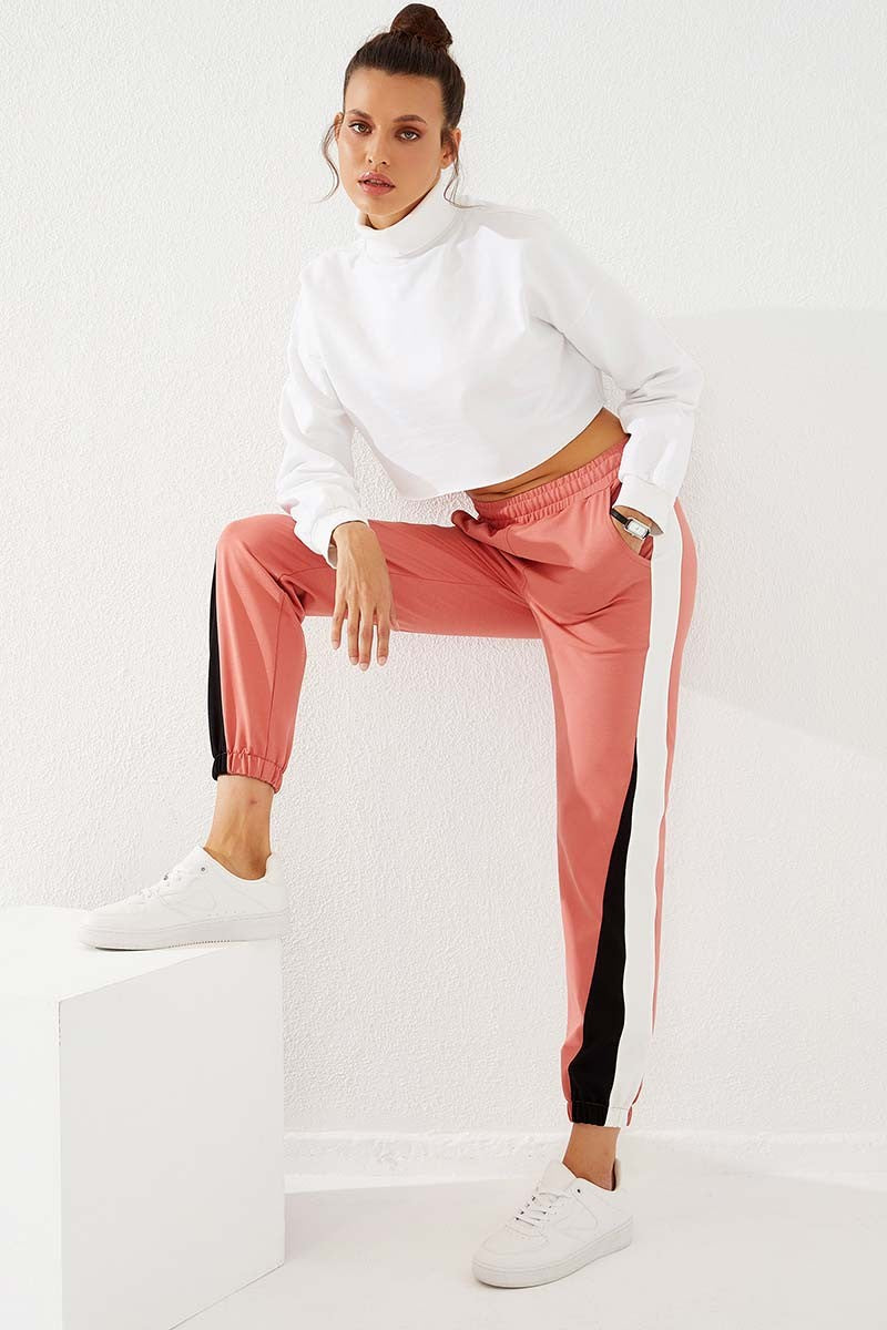 Powder Two-Tone Striped Comfort Fit Elastic Cuff Women's Tracksuit Bottom - 94582