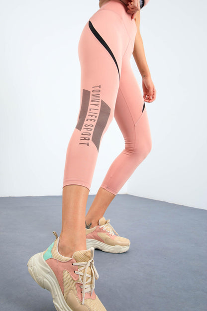 Powder Print High Waist Diving Fabric Tapered Leg Women's Tights - 94539