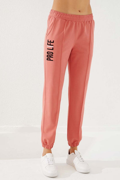 Powder Writing Embroidered Comfort Fit Elastic Cuff Women's Tracksuit Bottom - 94571