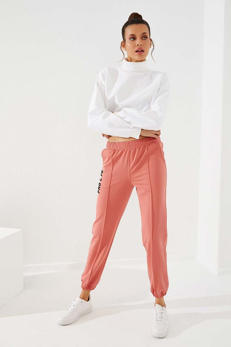 Powder Writing Embroidered Comfort Fit Elastic Cuff Women's Tracksuit Bottom - 94571