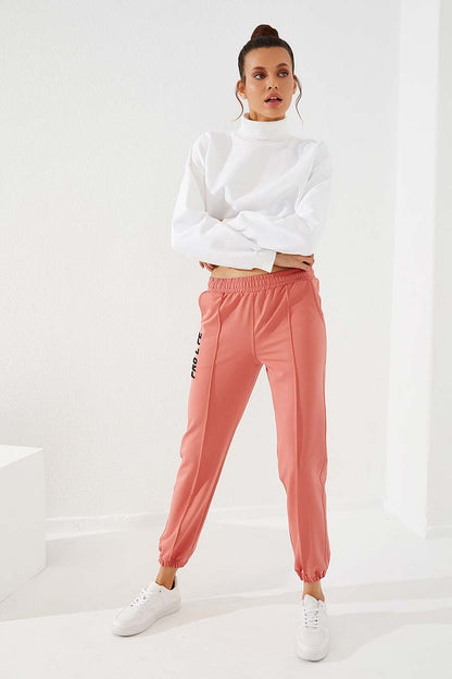 Powder Writing Embroidered Comfort Fit Elastic Cuff Women's Tracksuit Bottom - 94571
