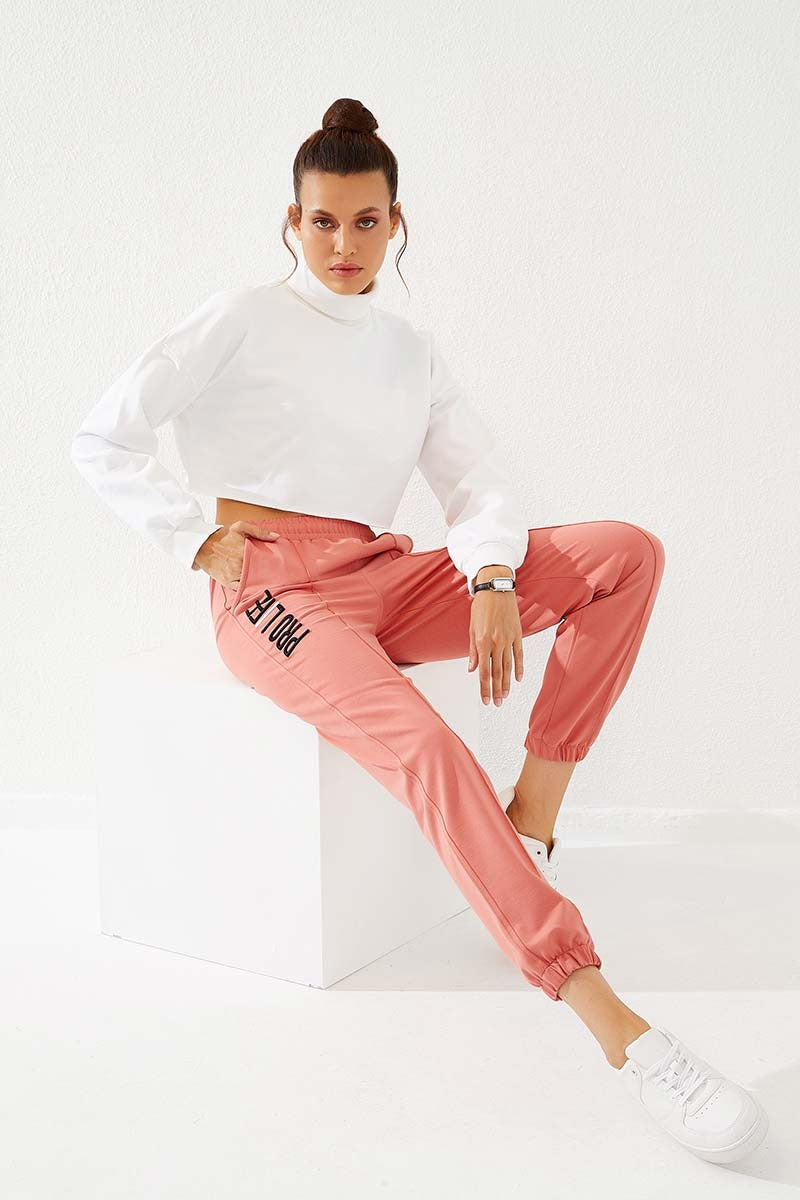 Powder Writing Embroidered Comfort Fit Elastic Cuff Women's Tracksuit Bottom - 94571