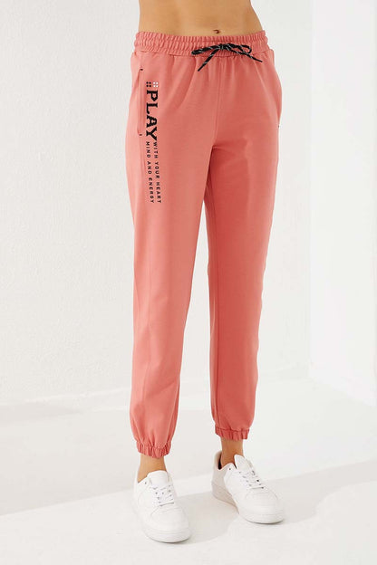 High Waist Embroidered Comfort Fit Elastic Cuff Women's Tracksuit Bottom - 94573