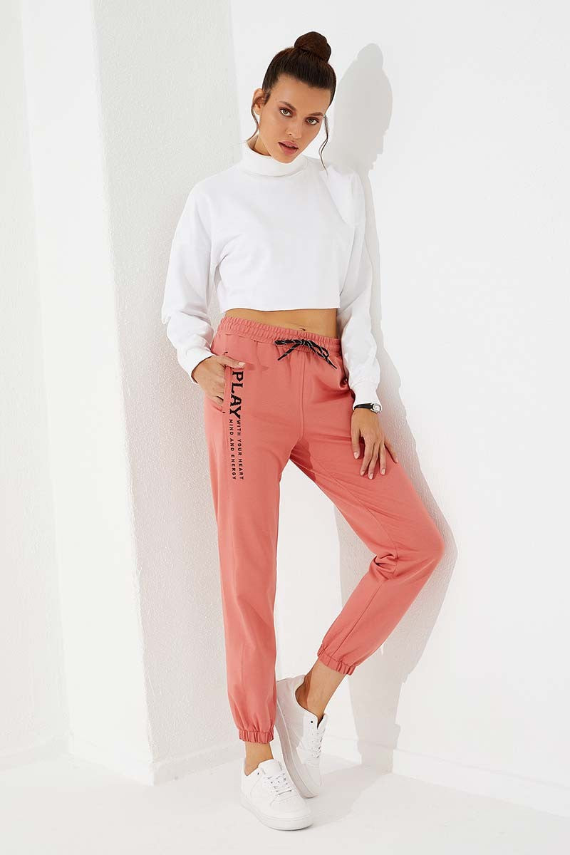 High Waist Embroidered Comfort Fit Elastic Cuff Women's Tracksuit Bottom - 94573