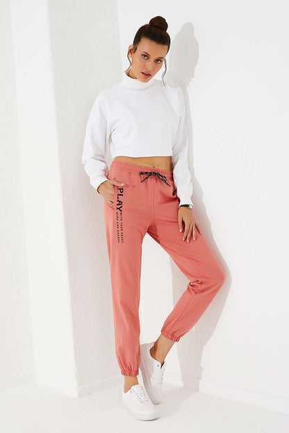 High Waist Embroidered Comfort Fit Elastic Cuff Women's Tracksuit Bottom - 94573