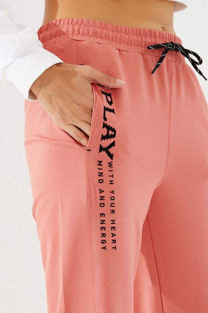 High Waist Embroidered Comfort Fit Elastic Cuff Women's Tracksuit Bottom - 94573