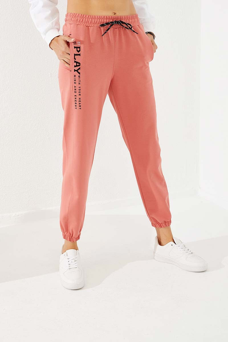 High Waist Embroidered Comfort Fit Elastic Cuff Women's Tracksuit Bottom - 94573