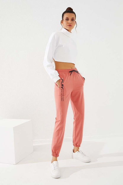 High Waist Embroidered Comfort Fit Elastic Cuff Women's Tracksuit Bottom - 94573