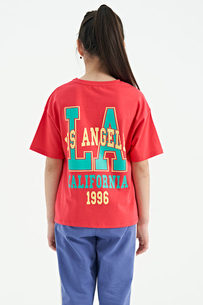 Rose Printed Front and Back O Collar Oversize Short Sleeve Girl's T-Shirt - 75127